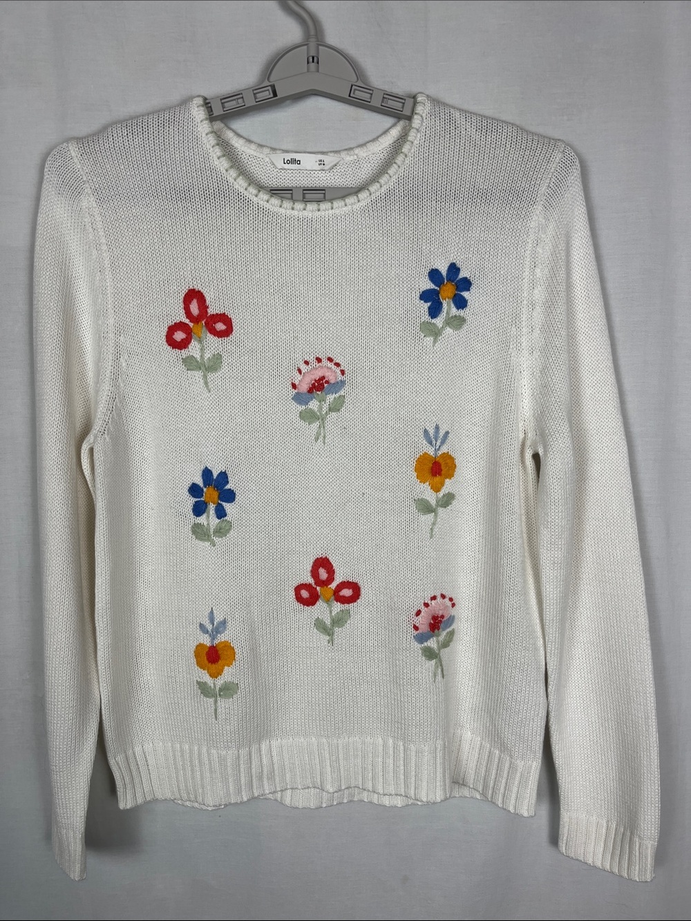 Lolita White Knit Sweater with Embroidered Flowers